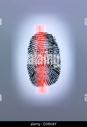 Fingerprint and QR code in scanner Stock Photo