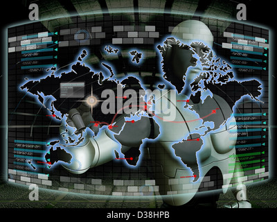 Robot touching major destination points on the world map on a virtual screen Stock Photo