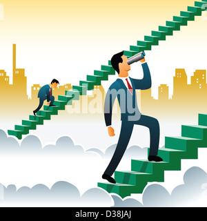 Businessmen climbing up steps over the clouds Stock Photo