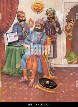 Painting of a Rajasthani king using a laptop, Rajasthan, India Stock Photo