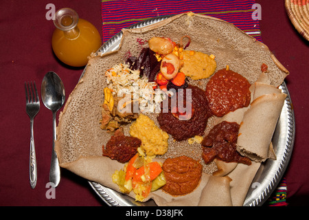 Typical Ethiopian Food, Four Sisters Restaurant, Gondar, Ethiopia Stock Photo