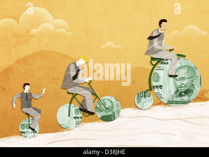 Three businessmen riding money bikes