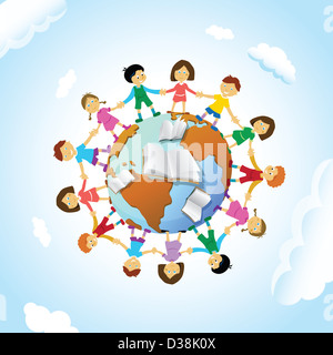 Chain of schoolchildren around the globe Stock Photo