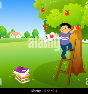 Boy holding a book and climbing an apple tree Stock Photo