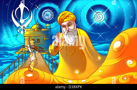 Guru Nanak Dev the first guru of Sikhism with golden temple in the background Stock Photo