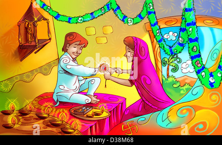 Woman tying rakhi on the wrist of her brother Stock Photo