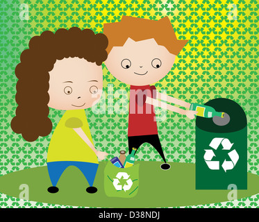 Boy and a girl throwing plastic bottles in recycling bin Stock Photo