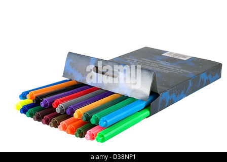 The box with felt-tip pens is photographed on a white background Stock Photo