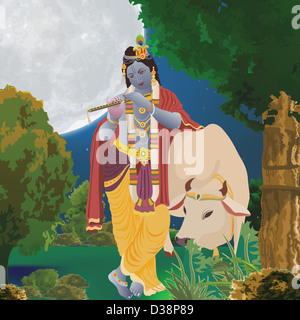 Lord Krishna playing flute with holy cow in a forest Stock Photo