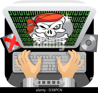 Handcuffed person's hand using a keyboard with anti piracy message flashed on the computer screen Stock Photo