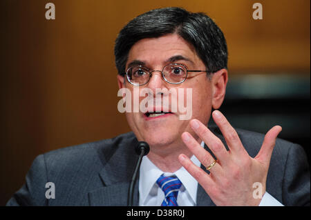 Feb. 13, 2013 - Washington, District of Columbia, U.S. - Jacob ''Jack'' Lew testifies before the Senate Finance Committee on Wed, Feb. 13 during a committee hearing on his nomination of to be the Secretary of the Treasury of the United States. (Credit Image: © Pete Marovich/ZUMAPRESS.com) Stock Photo