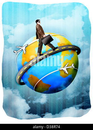 Businessman walking around a globe with a briefcase Stock Photo