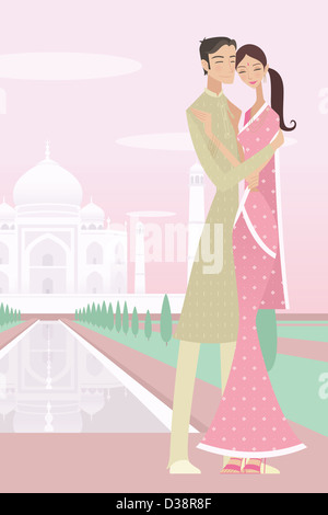 Couple romancing with a mausoleum in the background, Taj Mahal, Agra, Uttar Pradesh, India Stock Photo