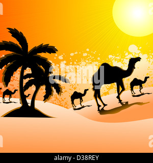 Silhouette of camels walking in a desert landscape, Rajasthan, India Stock Photo