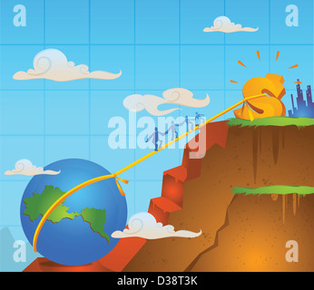 Business executives walking on rope tied between globe and a dollar sign Stock Photo