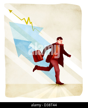 Illustrative image of businessman running with briefcase and arrows in the background representing growth Stock Photo