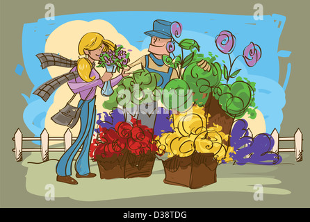 Female florist giving a bouquet of flowers to a customer Stock Photo