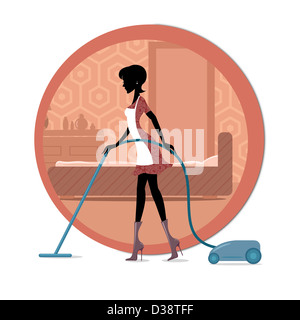 Woman cleaning house with a vacuum cleaner Stock Photo