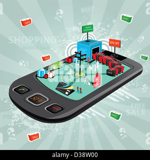 Illustrative representation showing the use of a mobile phone for e-shopping Stock Photo