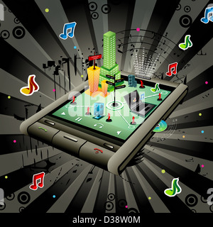 Illustrative representation showing the use of a mobile phone as music player Stock Photo