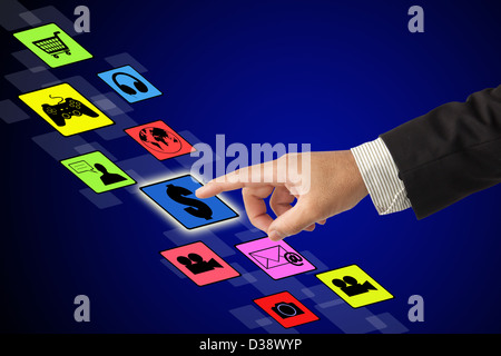 Hand pushing on a touch screen interface. Stock Photo