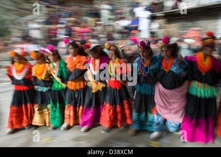 Kalash women and girls dancing at the Kalash Joshi (Spring Festival), Grum Village Charso (dancing ground), Rumbur Valley, Chitral, Khyber-Pakhtunkhwa, Pakistan Stock Photo