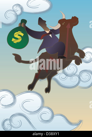 Businessman riding on a bull in the sky Stock Photo