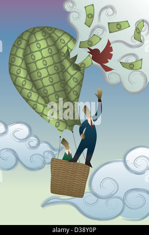 Two businessmen in a hot air balloon of money being burst by a bird Stock Photo