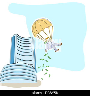 Businessman dropping money from a parachute Stock Photo