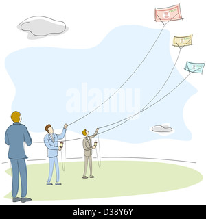 Businessmen flying kites of money in a field Stock Photo