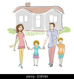 Family walking in front of a house Stock Photo