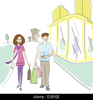 Couple walking on the road with shopping bags Stock Photo