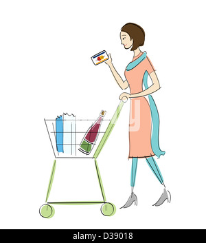 Woman holding a credit card and walking with a shopping cart Stock Photo