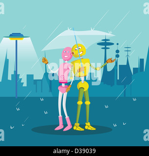 Robot couple sheltering under an umbrella during rain Stock Photo
