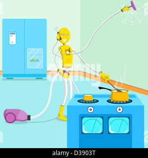 Multi-armed robot cleaning house, cooking food and talking on a mobile phone Stock Photo