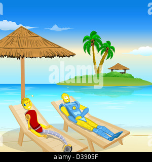 Robot couple enjoying vacation on the beach Stock Photo