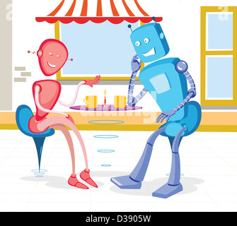 Robot couple at a sidewalk cafe Stock Photo