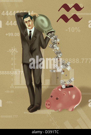 Businessman pouring money into a piggy bank Stock Photo