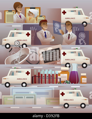 Montage of Ambulance and hospital Stock Photo