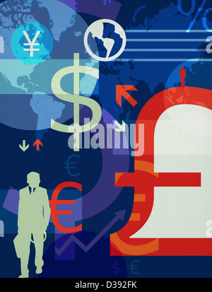 Currency symbols and globes Stock Photo