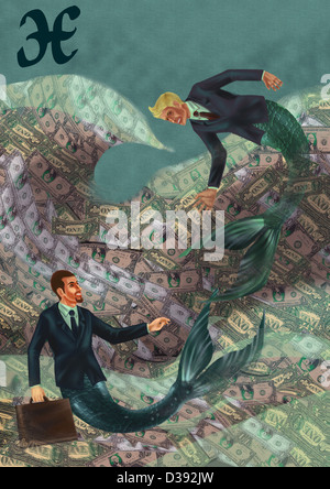 Pisces businessmen in the sea of wealth Stock Photo