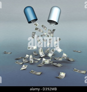 Open drug capsule with contents of money Stock Photo