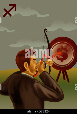 Businessman aiming a target with bow and arrow Stock Photo