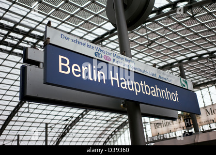 Berlin, Germany, Berlin Central Station sign on a train platform Stock Photo