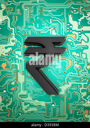 Indian rupee symbol on circuit board Stock Photo