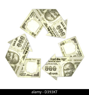 Indian five hundred rupee notes in form of recycling symbol Stock Photo