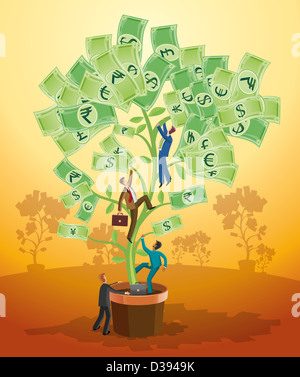 Businessmen climbing on a potted plant of currency notes Stock Photo