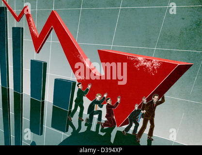 Sales team pushing arrow in upward direction Stock Photo