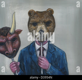 Deceptive image of man holding bull mask while wearing bear mask Stock Photo