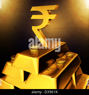 Golden Indian currency sign on top of gold bars and coins Stock Photo